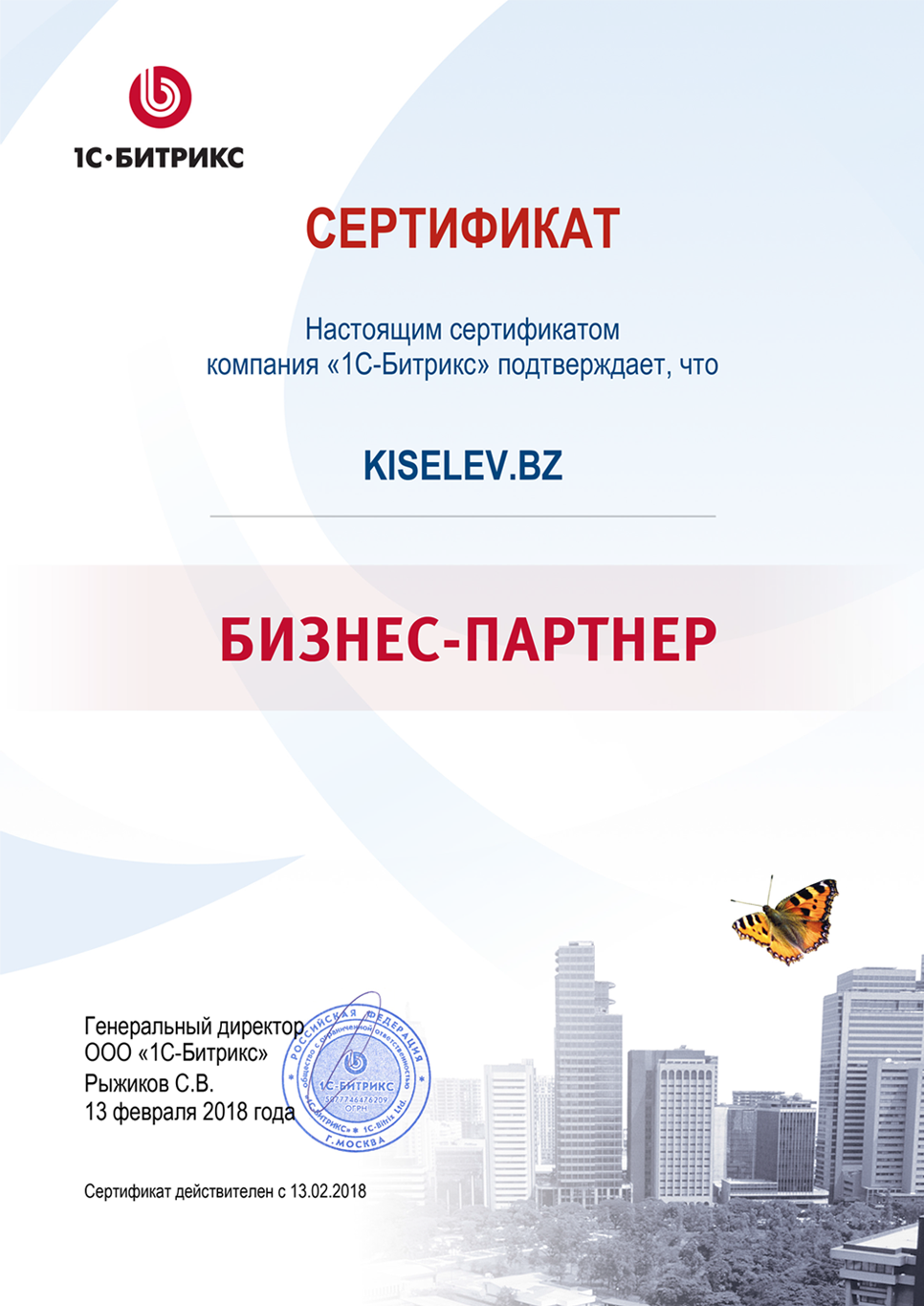 Сертификат партнёра по СРМ системам в Вичуге